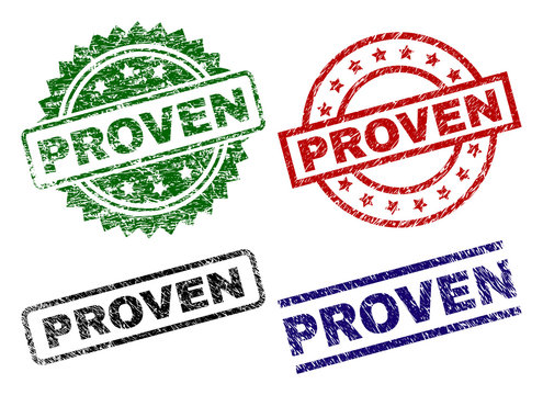 PROVEN seal prints with corroded surface. Black, green,red,blue vector rubber prints of PROVEN tag with corroded texture. Rubber seals with circle, rectangle, medal shapes.