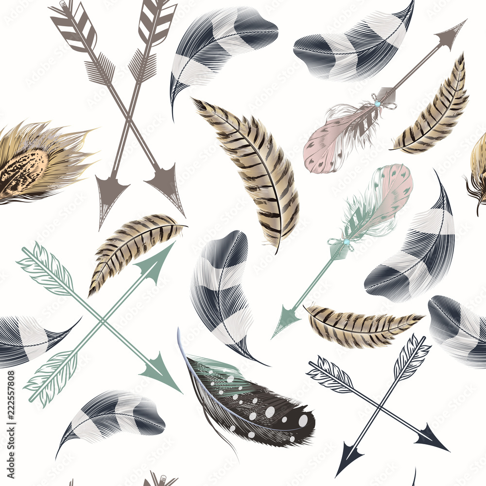 Poster fashion beautiful vector pattern with boho feathers