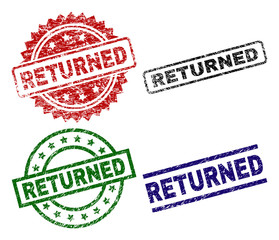 RETURNED seal prints with damaged style. Black, green,red,blue vector rubber prints of RETURNED label with grunge style. Rubber seals with circle, rectangle, medal shapes.