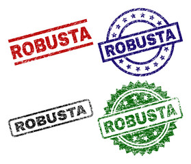 ROBUSTA seal prints with damaged texture. Black, green,red,blue vector rubber prints of ROBUSTA title with scratched texture. Rubber seals with circle, rectangle, medal shapes.