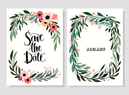 Save the date card/invitation with hand drawn floral design and hand lettering