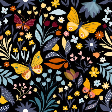 Seamless pattern with floral design and hand drawn elements