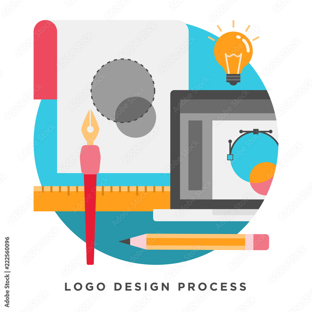 Poster flat vector illustration of logo design process. elements for mobile and web applications.