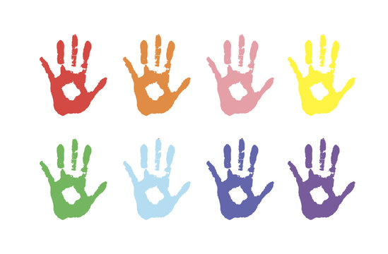 Vector background, color prints of hands symbolizes friendship. colored palms in paint