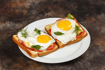 Sandwich with cheese, bacon, tomato and fried egg on plate