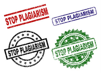 STOP PLAGIARISM seal imprints with corroded texture. Black, green,red,blue vector rubber prints of STOP PLAGIARISM title with corroded texture. Rubber seals with round, rectangle, medal shapes.