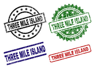 THREE MILE ISLAND seal prints with distress texture. Black, green,red,blue vector rubber prints of THREE MILE ISLAND text with dirty texture. Rubber seals with round, rectangle, medal shapes.