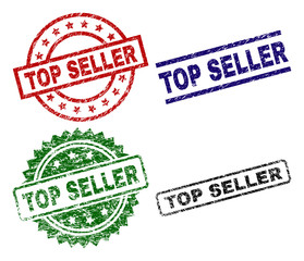 TOP SELLER seal prints with damaged surface. Black, green,red,blue vector rubber prints of TOP SELLER label with corroded surface. Rubber seals with round, rectangle, rosette shapes.