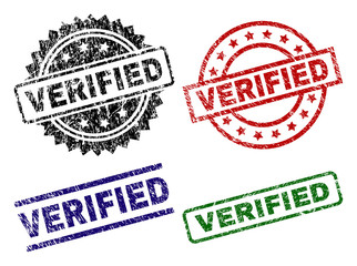 VERIFIED seal prints with corroded surface. Black, green,red,blue vector rubber prints of VERIFIED tag with corroded surface. Rubber seals with circle, rectangle, medallion shapes.