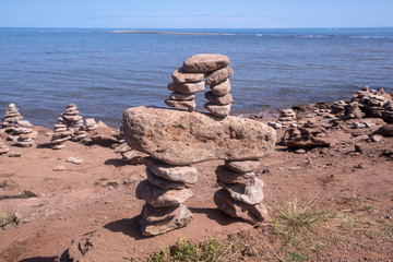 Inukshuk Standing Near the Shore in North Cape Prince Edward Island