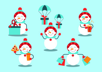 A set of snowmen. The snowman makes a purchase, gets a discount, receives gifts, eats pizza, watches a movie and eats popcorn. Vector illustration.