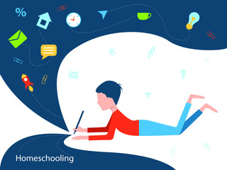 Homeschooling. The boy is studying. The child writes with a pencil. Flat vector illustration. 