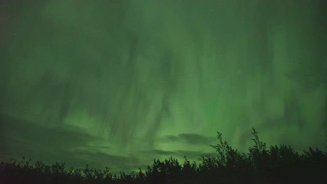 Realistic real time (not timelapse) aurora borealis (northern lights) with a shooting star in Whitehorse, Canada, at 02:28 on September 11, 2018 with 20mm wide-angle lenz