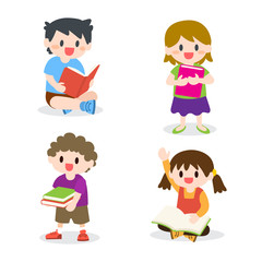 Children Studying, Reading Books Collection, Illustration