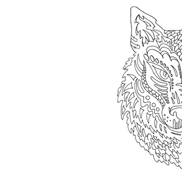 Wild beautiful wolf head hand draw on a white background. Color book. Fashion in a vector illustration