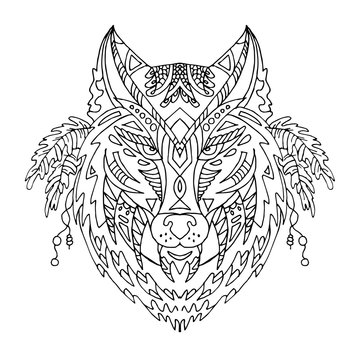 Wild beautiful wolf head hand draw on a white background. Color book. Fashion boho american steam punk style in a vector illustration