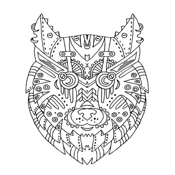 Wild beautiful wolf head hand draw on a white background. Color book. Fashion steam punk style in a vector illustration