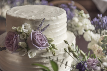 Wedding bridal cake with floral arrangement
