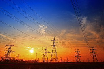 Electric tower, silhouette at sunset