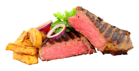 Rare cooked sirloin steak and chips meal with salad, isolated on a white background