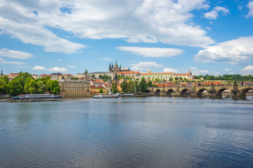 Fototapeta premium Vltava river with view of Prague skyline Czech Republic