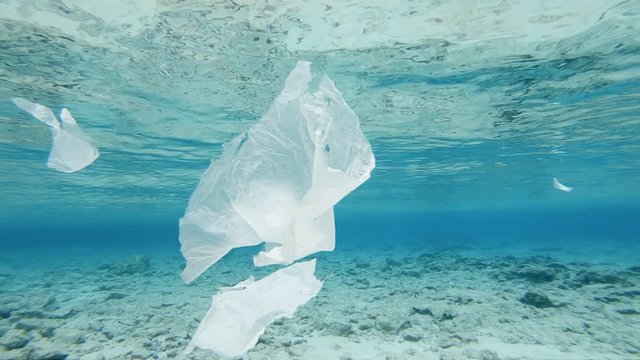 Sea Pollution by Plastic. Pieces Of Plastic Foil Floating Underwater Close To The Surface.