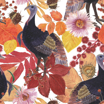 Watercolor painting seamless pattern with wild turkey and autumn leaves, flowers, berries