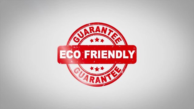 Eco Friendly Signed Stamping Text Wooden Stamp Animation. Red Ink on Clean White Paper Surface Background with Green matte Background Included.