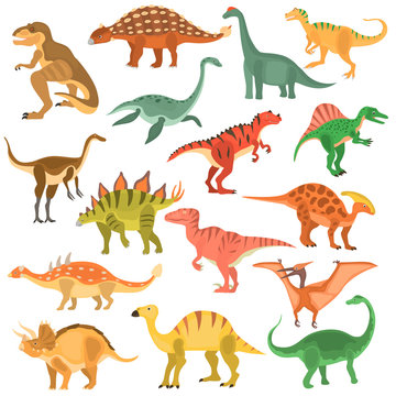 Ancient dinosaurus color vector icons set. Flat design
