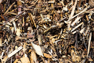 Various brown shades of wooden mulch texture with bark and lumber pieces