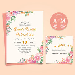 Floral Wedding Invitation elegant, thank you card Design, watercolor style