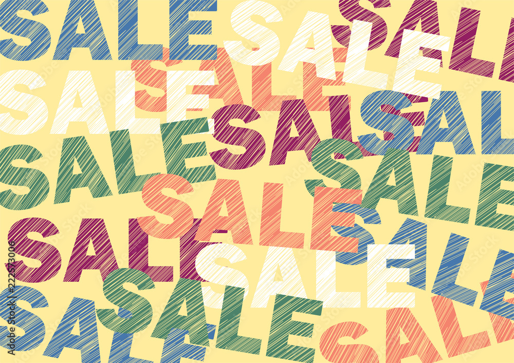Poster Colorful Sale Word with vertical stripes texture pattern random lines on yellow background. Design for promotion. Vector illustration