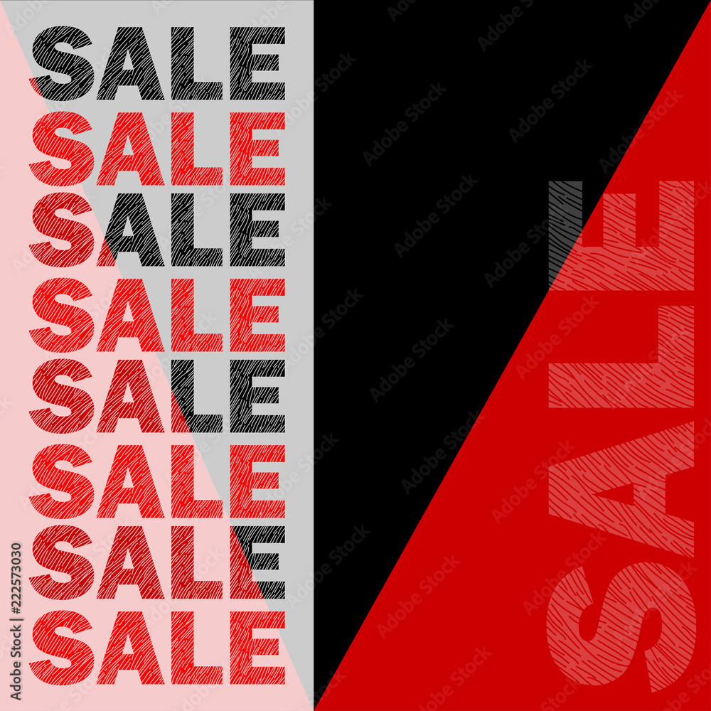 Poster Sale Word with vertical stripes texture pattern random lines on red and black background. Design for promotion. Vector illustration