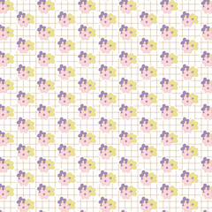 Seamless Floral Pattern with pink grid line background. Pastel flower texture. Vector illustration