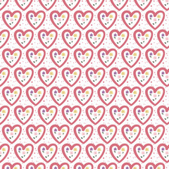 Seamless pink heart and pink, green and purple Floral Pattern background. Pastel flower texture. Vector illustration