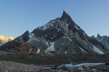 Fototapeta premium Mitre peak in Karakoram range at sunset view from Concordia camp, K2 Base Camp and Concordia trek in Pakistan Karakoram
