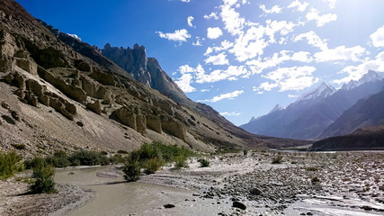 Trekking along the Braldu River in the Karakorum Mountains in Northern Pakistan, Landscape of K2 trekking trail in Karakoram range, Pakistan