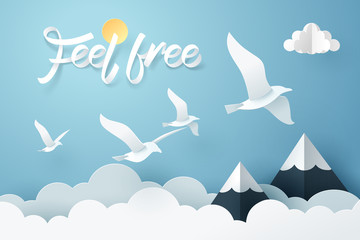 Paper art of Feel free calligraphy hand lettering and flying dove