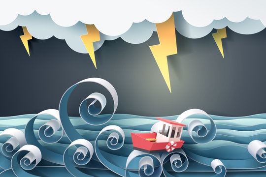 Paper art of boat against crazy sea and thunderbolt in storm