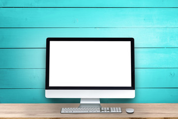 New minimalism. Desktop computer monitor on a wooden table. Digitally modified.