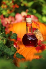 Potion for Halloween. Magic Potion.Autumn mood.Red tincture in a glass bottle on a large orange...