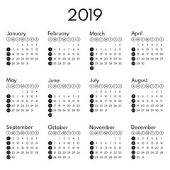 black and white calendar 2019, starts sunday