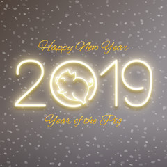 Cute pig neon logo, New year 2019 gold design, chinese horoscope symbol, vector illustration