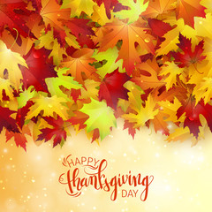 Naklejka na ściany i meble Happy Thanksgiving holiday poster, autumn red leaves background, brush pen calligraphy, vector illustration
