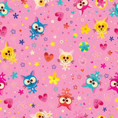 cute kittens and flowers seamless pattern