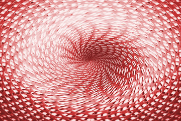 Spherical warp of space. Fantastic background image of wormhole of red color in center of shot.