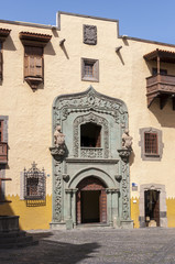 Fototapeta na wymiar Facade of the Casa de Colon, Columbus’s House, in Las Palmas, Canary Islands, Spain, on February 17, 2017. It can be seen the Portada verde, Green Doorway.