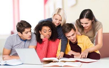 Group of students with laptop and book doing  lessons