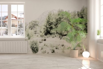 White empty room with winter landscape in window. Scandinavian interior design. 3D illustration