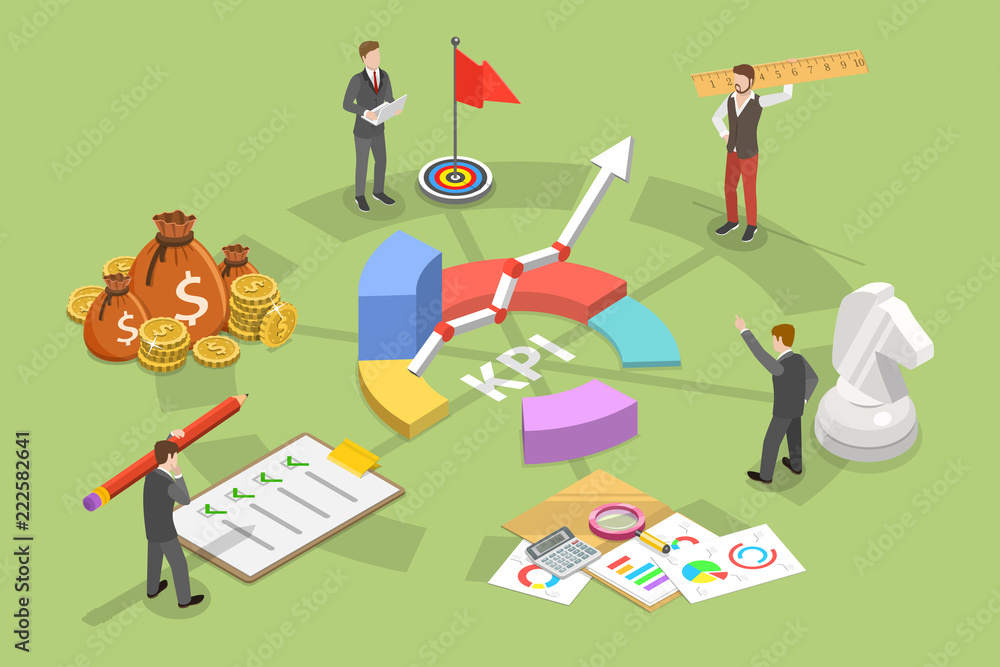Poster key performance indicator flat isometric vector concept. renders major kpi points as following objec